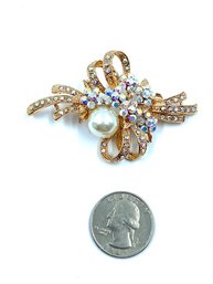 Gold Tone, AB, And Faux Pearl Decorative Bow Brooch