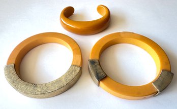 3 Vintage Bakelite Bracelets, 2 With Gold Tone Details