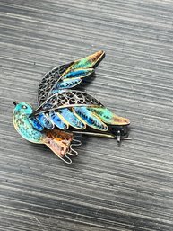 Vintage Art Deco Inspired Blue To Amber Enamel Bird Pin