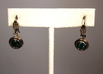 Pair Sterling Silver Artisan Pierced Drop Earrings Having Green Stones