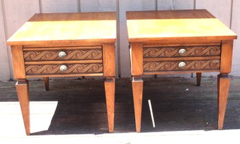 Pair Of Vintage Lane One Drawer Side Tables With Decorative Fronts.