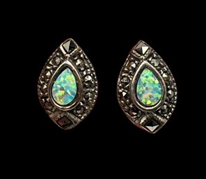 Beautiful Vintage Sterling Silver Opal Marcasite Stud Earrings