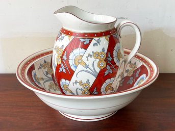 Fine Minton Pitcher And Basin Floral Red And Gold