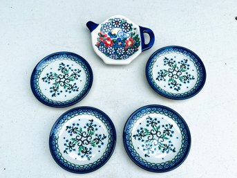 Handmade Polish Pottery Teabag Holder And Small Plates