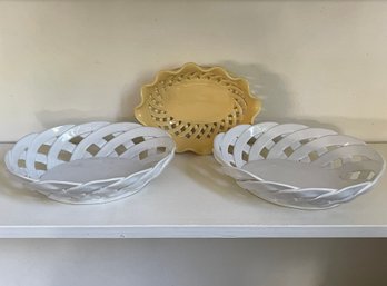 Three Portuguese Ceramic Open Basket Weave Bread Or Fruit Bowls