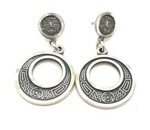 Sterling Silver Engraved Round Aztec Style Dangle Earrings