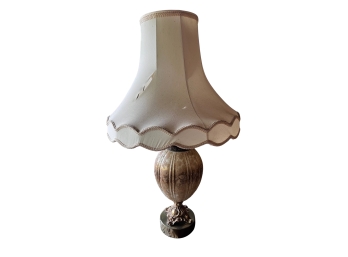 Pair Of Vintage Victorian Table Lamps With Gold Foil Applique And Silk Paneled Bell Shade