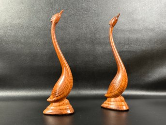 A Majestic Pair Of Vintage Heron Figurines In Realistic Wood-Look Ceramic