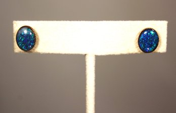 Fine Sterling Silver Stud Blue Opal Pierced Earrings