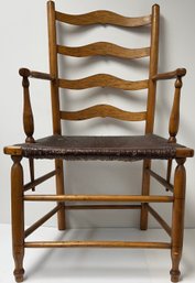 Antique Late 18th C Ladder Back Chair - Maple Oak - Woven Painted Rush Seat - 36 H X 16.25 Front X 21.5 X 15.5