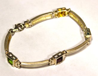 Contemporary Sterling Silver Link Bracelet W Genuine Gemstones