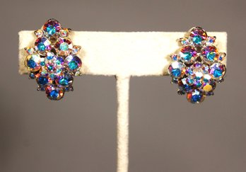 Contemporary Aurora Borealis Rhinestone Clip Earrings