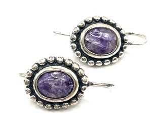 Vintage Sterling Silver Purple Agate Stone Ornate Earrings