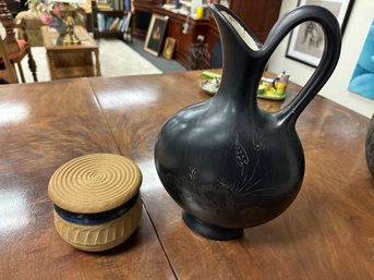 Black Ceramic Pitcher And Pottery Lidded Bowl