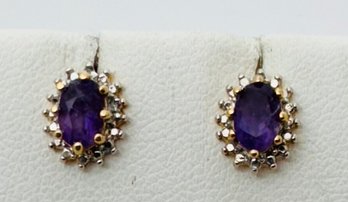 VINTAGE PETITE ROSS SIMONS GOLD OVER STERLING SILVER AMETHYST & DIAMOND ACCENT STUD EARRINGS