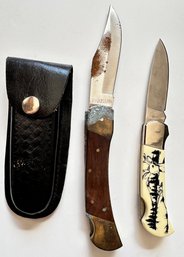 Saber Knife With Scrimshaw Handle & Brass & Wood Pakistani Pocket Knife In Case