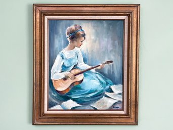 An Oil On Canvas Of A Girl Playing Guitar Signed 'case'