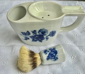 Vintage Mohawk China Blue & White Shaving Mug With Brush 3.5' H X 7.5' L No Issues