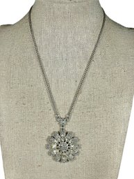 Vintage Rhodium Plated Rhinestone Rosette Pendant Necklace