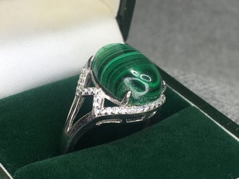 Wonderful 925 / Sterling Silver Ring With Polished Malachite And Sparkling White Zircons - Adjustable Size