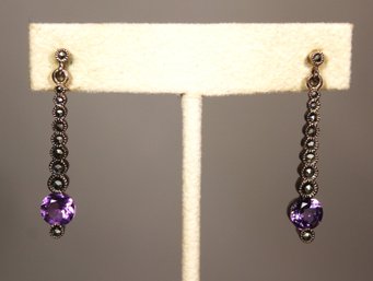 Sterling Silver Amethyst And Marcasite Drop Pierced Earrings