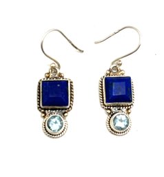 Vintage Sterling Silver Lapis And Blue Topaz Stone Dangle Earrings