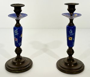 A Pair Of Vintage Bronze And Ceramic Candlesticks