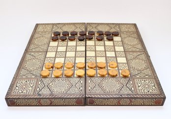 Wood Backgammon And Checker Set With Inlaid Mother Of Pearl