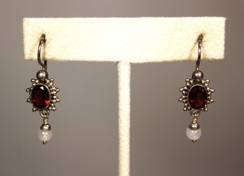 Fine Sterling Silver Garnet And Moonstone Pierced Drop Earrings