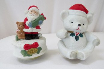 A Pairing Of Porcelain Christmas Wind Up Music Boxes - Working