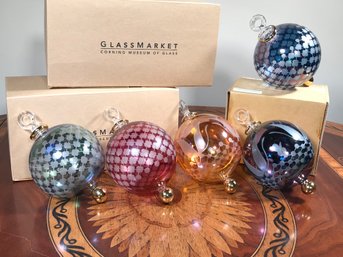 Lot Of Five (5) CORNING MUSEUM OF GLASS Hand Blown Large Christmas Ornaments - Made By Hot Glass Team !