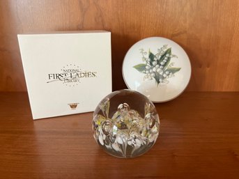 National First Lady's Library Jefferson Covered Trinket Dish & Unsigned Art Glass Paperweight