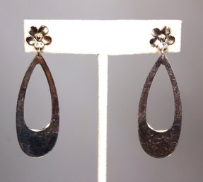 Fine Sterling Silver Pierced Drop Hoop Earrings Having Floral Motif