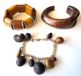 3 Vintage Bracelets: Carved Wood, Bakelite Beads & Nut Charms Made In Germany