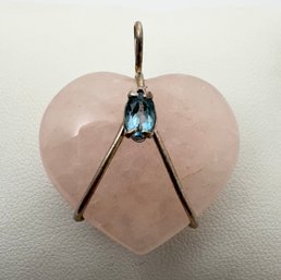 PINK QUARTZ HEART WRAPPED IN STERLING SILVER & BLUE TOPAZ PENDANT