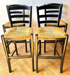 4 Wood Bar Stools With Caned Seats
