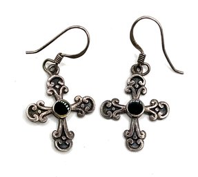 Vintage Sterling Silver BOMA Designer Onyx Inlay Cross Dangle Earrings