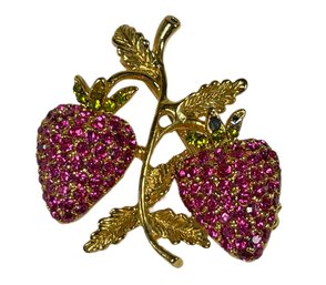 Vintage Gold Tone Rhinestone Brooch Of Strawberries