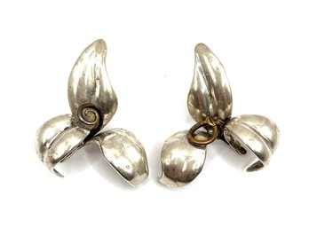 Vintage Sterling Silver Hand Finished Large Floral Earrings