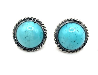 Vintage Sterling Silver Polished Turquoise Blue Color Stone Screw On Earrings