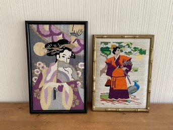 Pair Of Vintage Framed Hand Embroidered Asian Japan Needlepoint Lot 1