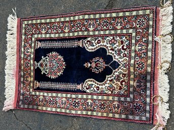 Fantastic Vintage Hand-knotted HEREKE SILK ENTRY RUG- Bold Navy Blue Base With Great Color