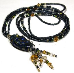 Fine Hand Blown Art Glass Pendant On Multi Strand Glass Beaded Necklace