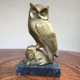 Very Nice Vintage Brass / Bronze Owl On Green Marble Base - Very Good Looking Piece - Nice Patina On Metal