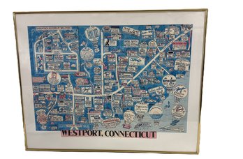 Vintage Caricature Map Of Local Westport CT Businesses And Landmarks