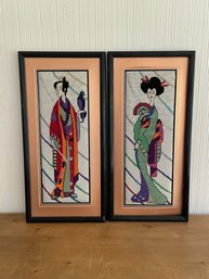 Pair Of Vintage Framed Hand Embroidered Asian Japan Needlepoint Lot 2