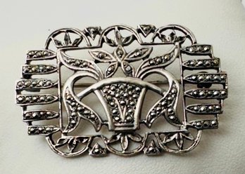 VINTAGE ART DECO STERLING SILVER & MARCASITE FLOWERS BASKET BROOCH