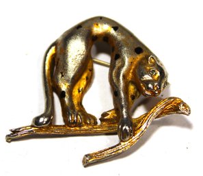 Golf Tone Vintage Brooch Of Leopard On Branch (some Wear)