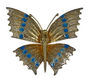 Large Fine Gold Over Sterling Silver Enamel Butterfly Brooch Continental