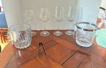 Treasure Barware Lot - 4 Crystal Wine Glasses, 2 Ice Buckets - 1 With Handle & Tongs    DR